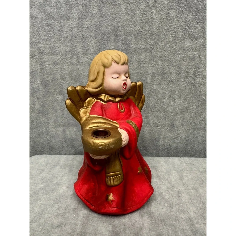 Vintage Red and‎ Gold Ceramic Singing Angel Christmas Candle Holder 7.5in MCM